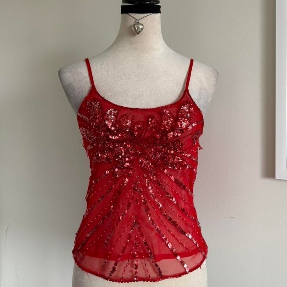 Y2K vintage Red sequin and beaded cami top with flower design